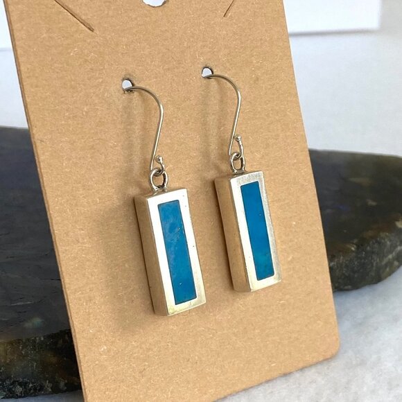 Sterling Silver 925 1.64" Rectangular Simulated Turquoise Dangle Earrings - Picture 4 of 16